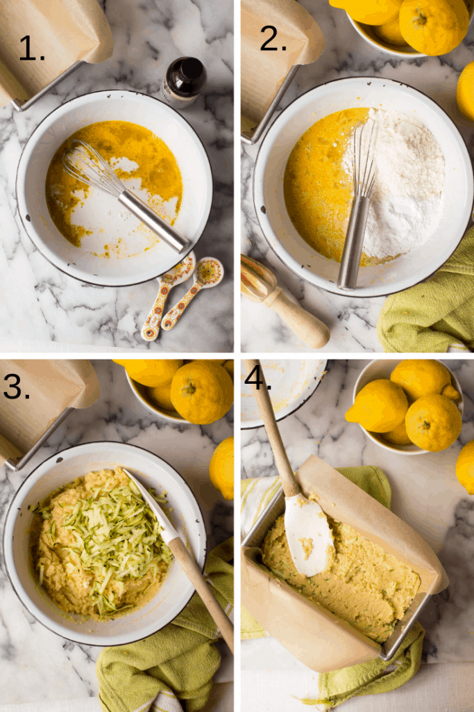 4 pictures showing how to make lemon zucchini bread
