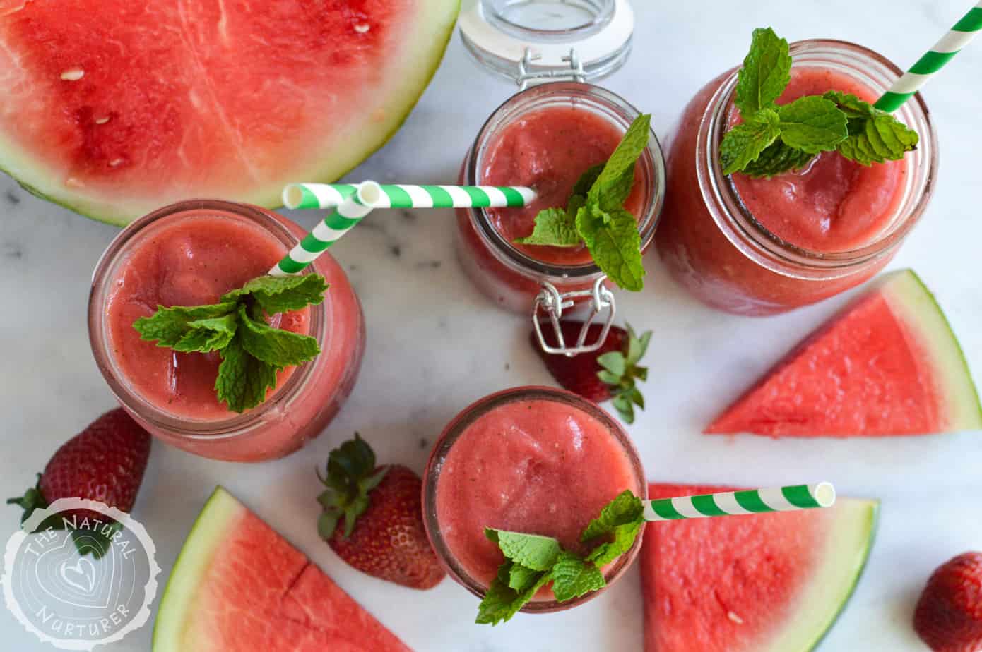 Overhead of the delicious watermelon mint slushies looking extra bright and delicious
