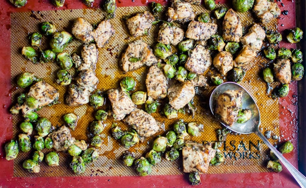 Sheet Pan Balsamic Chicken & Brussel Sprouts straight out of the oven and right before serving
