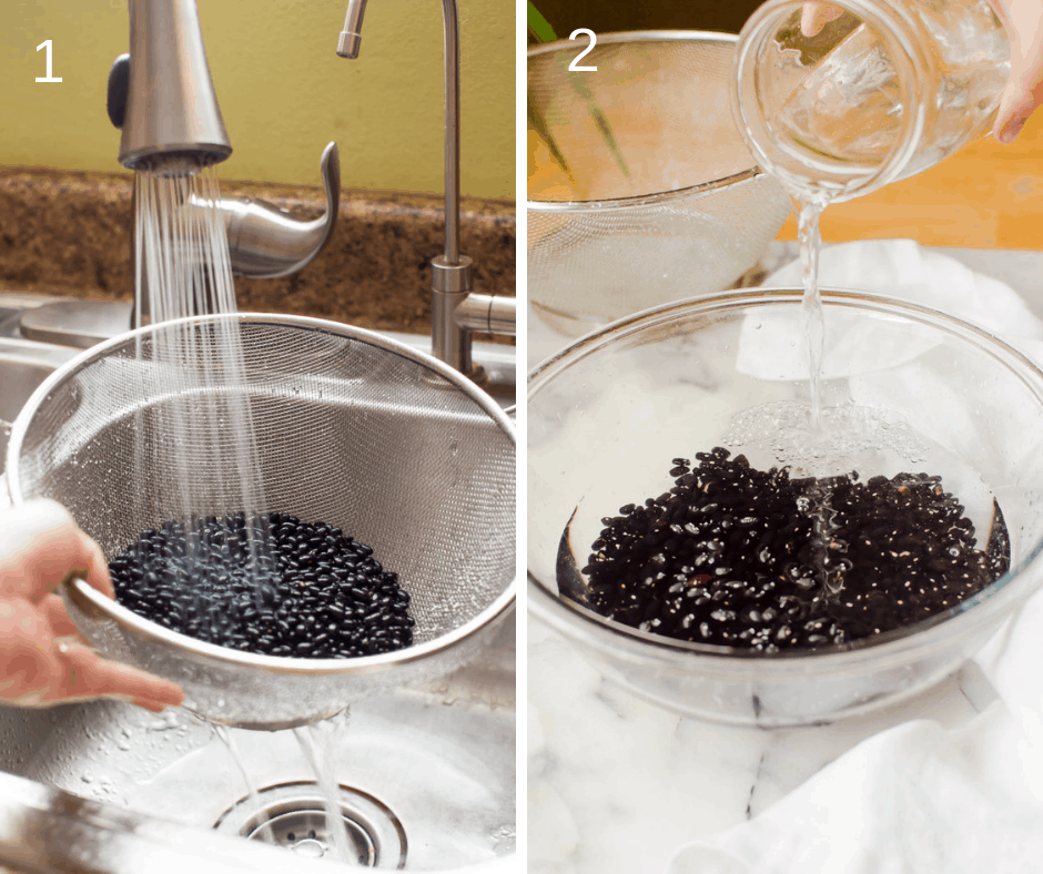 Washing black beans and letting them soak in water