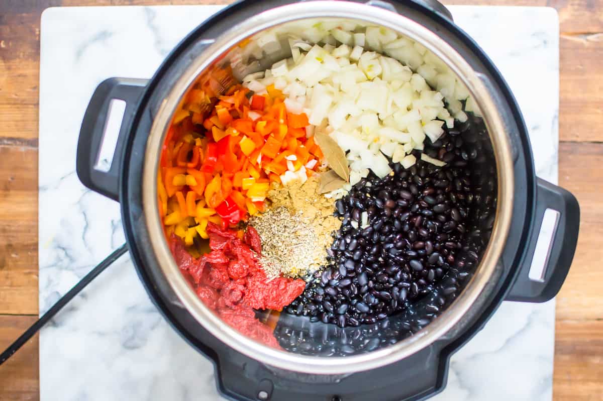 Overhead on all ingredients ready and placed in an Instant Pot