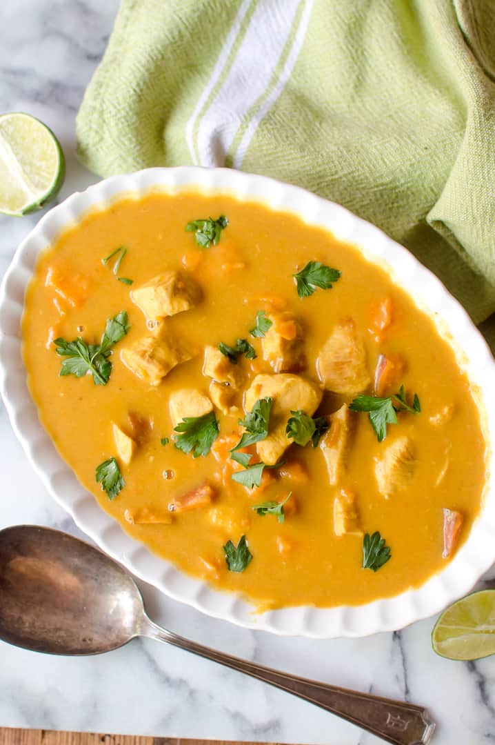 Closeup of the delicious Instant Pot Butternut Squash Chicken Curry - one of the most inviting veggie-loaded 30-minute meals.