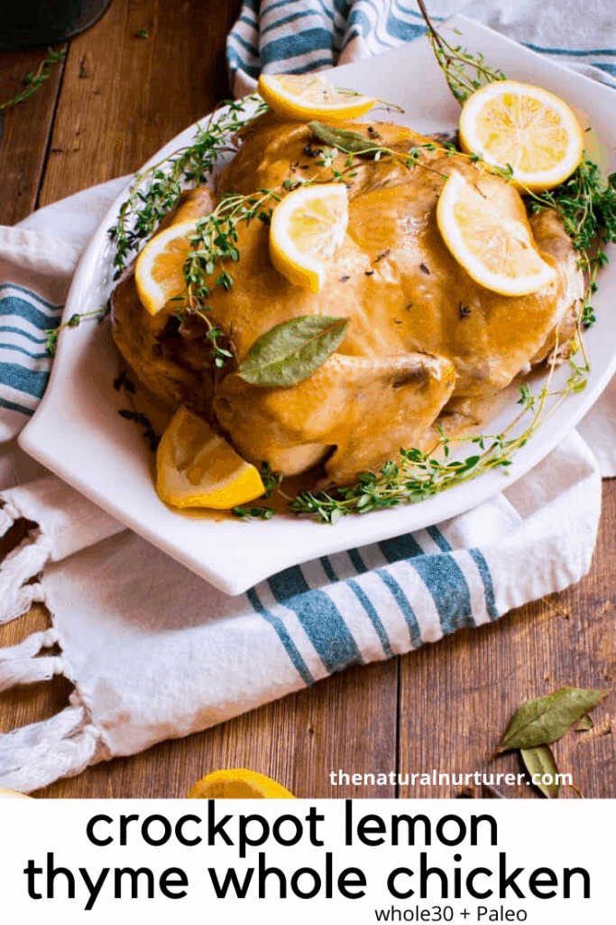 Slow Cooker Lemon Thyme Whole Chicken collage with text overlay in the bottom