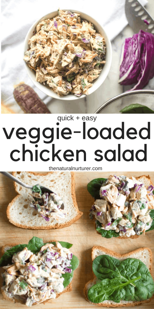 Veggie-loaded chicken salad collage of two images with text overlay in the middle