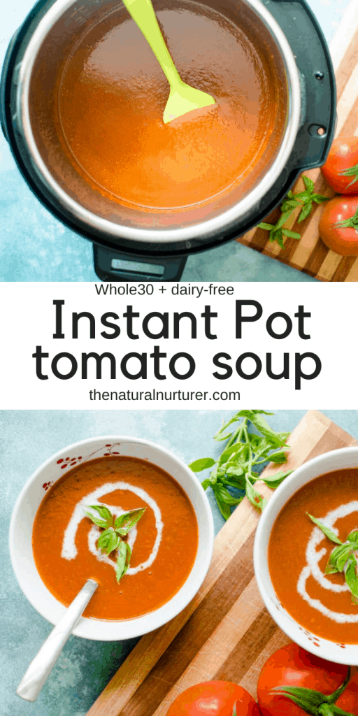 Instant Pot Creamy Tomato Basil Soup in the Instant Pot with two bowls served to the table