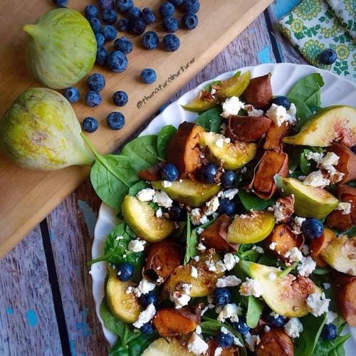 Blueberry, Roasted Sweet Potato, Spinach Fig Salad with Goat Cheese and Balsamic Reduction