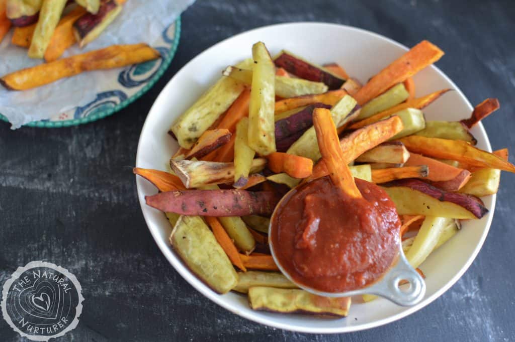 Baked Sweet Potato Fries with Homemade Ketchup served in a big white bowl
