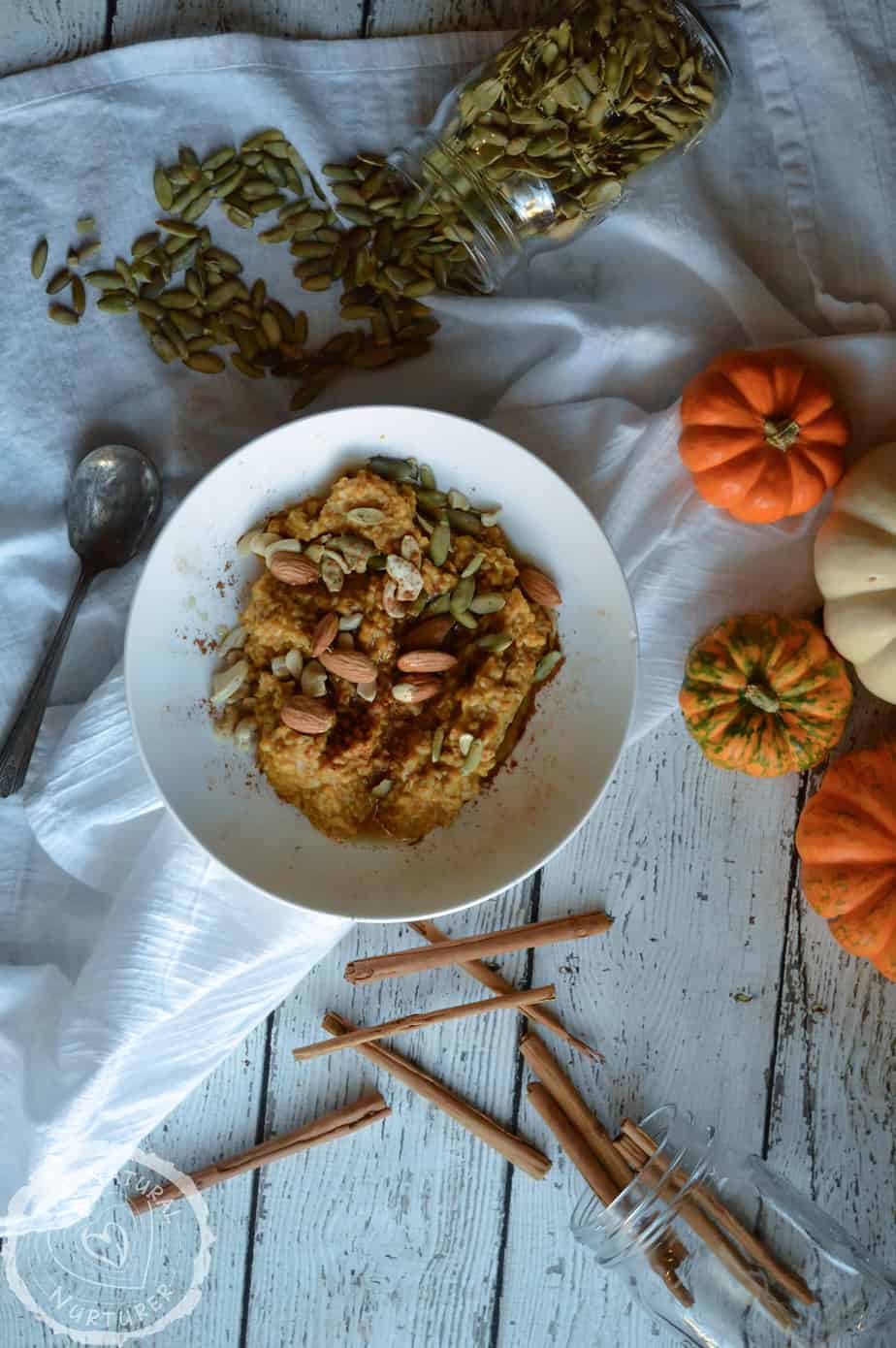 Overhead of the amazingly delicious, Fantasticly Fall Pumpkin Oats presented with raw pumpkins and cinnamon sticks around the bowl