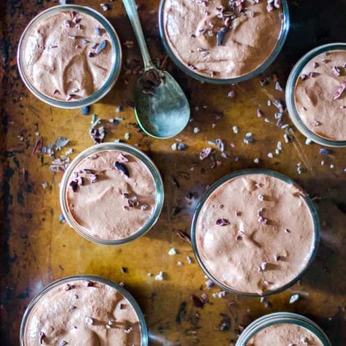 Beautiful light falling on the jars of the delicious pudding made with chocolate and chia