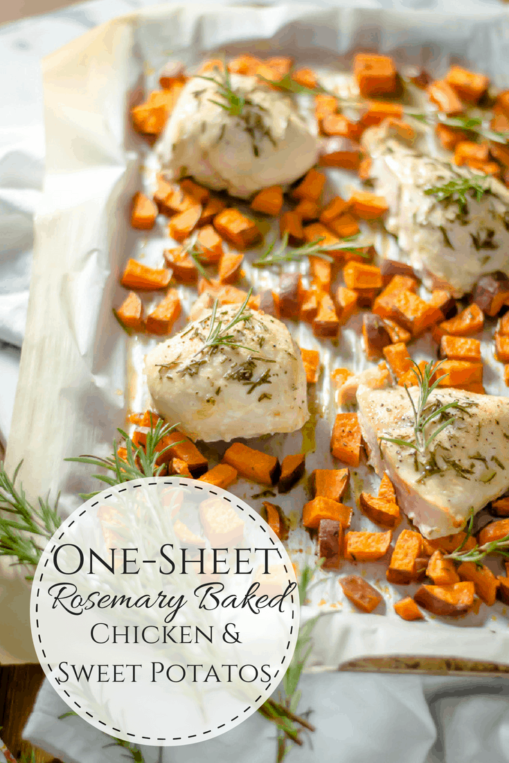 One-Sheet Rosemary Baked Chicken & Sweet Potatoes in a baking sheet