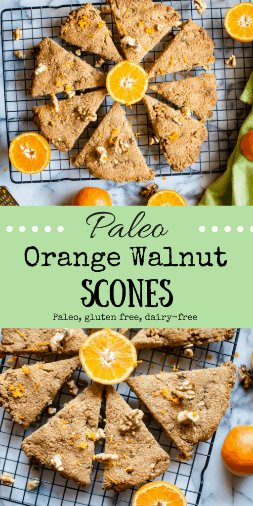 Scrumptious Paleo Orange Walnut Scones collage of two images with text overlay in the middle