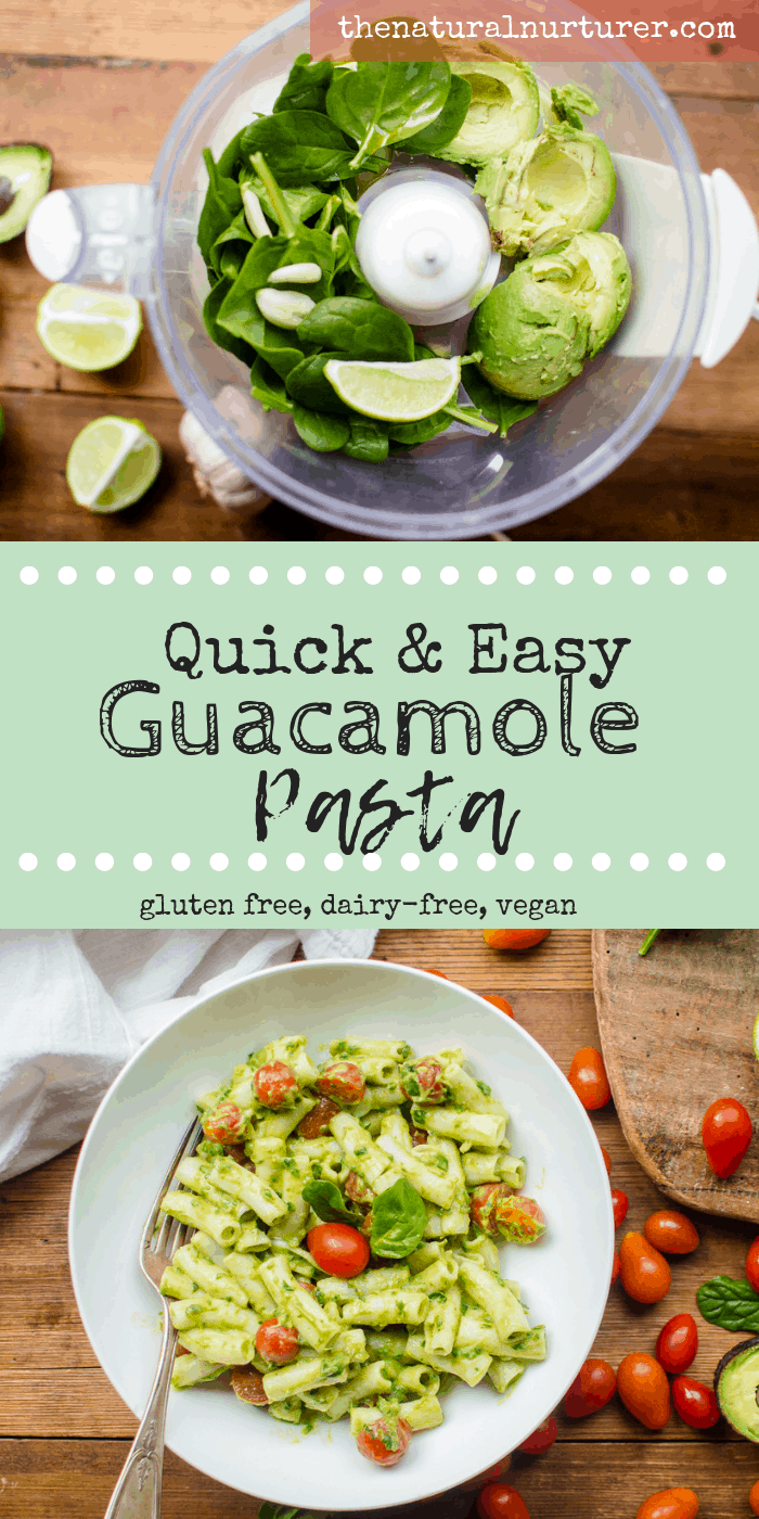 Quick & Easy Guacamole Pasta collage of two images with text overlay in the middle