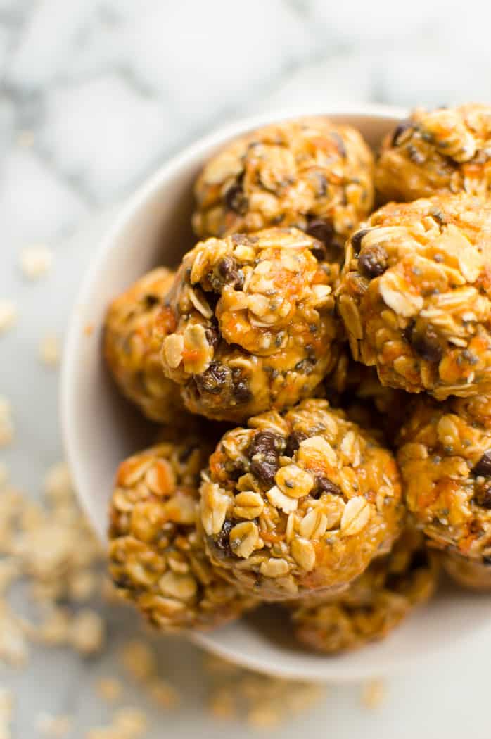 No-Bake Peanut Butter Carrot Balls in a white bowl