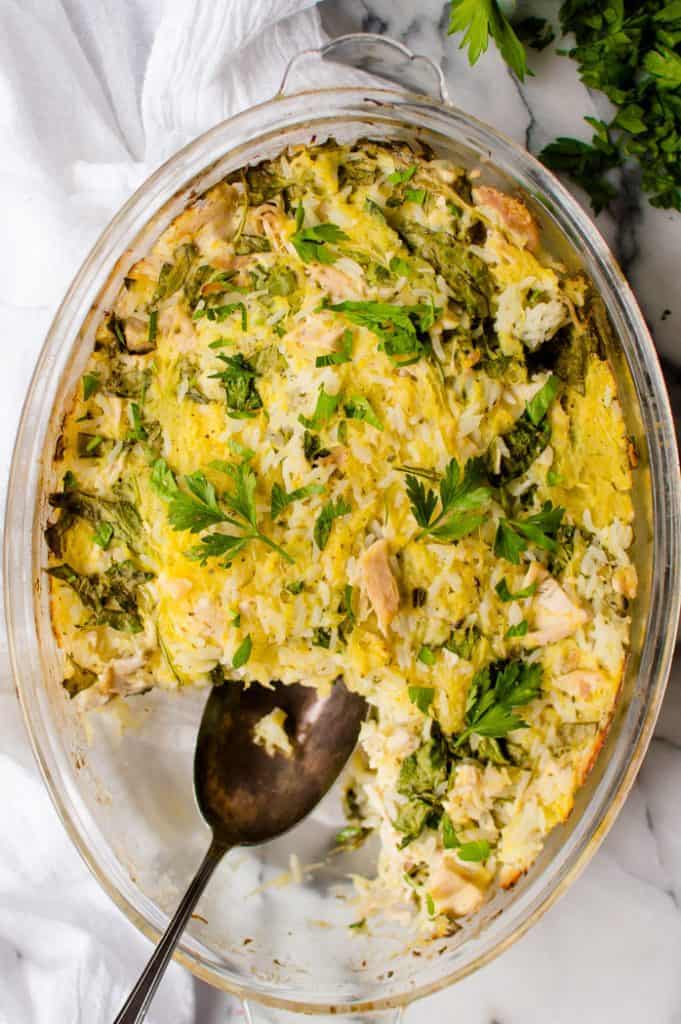This Ranch Chicken Spaghetti Squash Casserole is delicious, flavorful, and full of veggie goodness. Easily prep the ingredient to quickly throw together on a busy night or make it as part of your weekly food prep! This will be your new favorite healthy comfort food. Whole30/Paleo option, vegetarian options, gluten free.