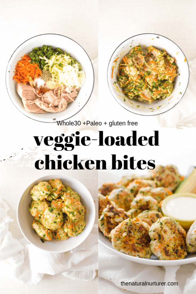 Veggie-loaded chicken bites collage of four images and text overlay