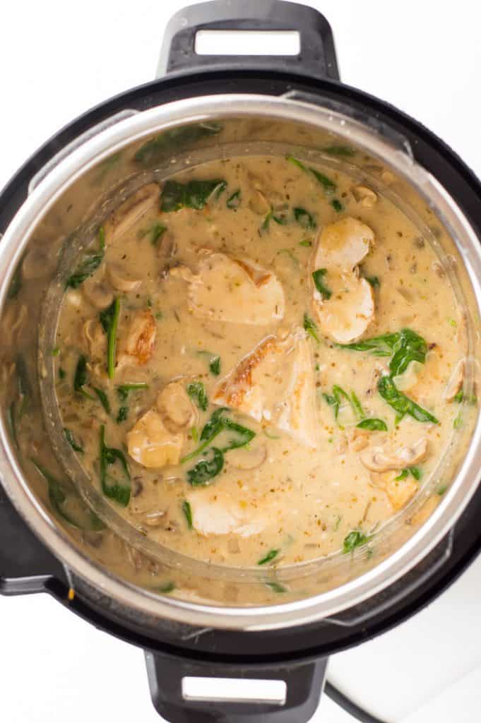 creamy mushroom chicken in the Instant Pot after is has finished cooking.