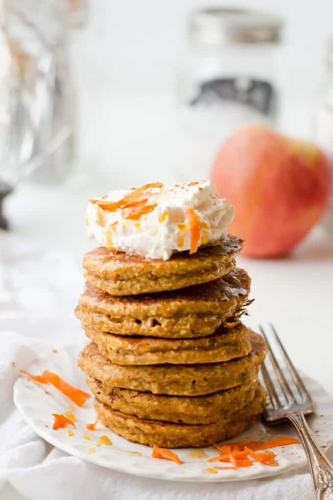 A big stack of Heathy Carrot Apple Pancakes.
