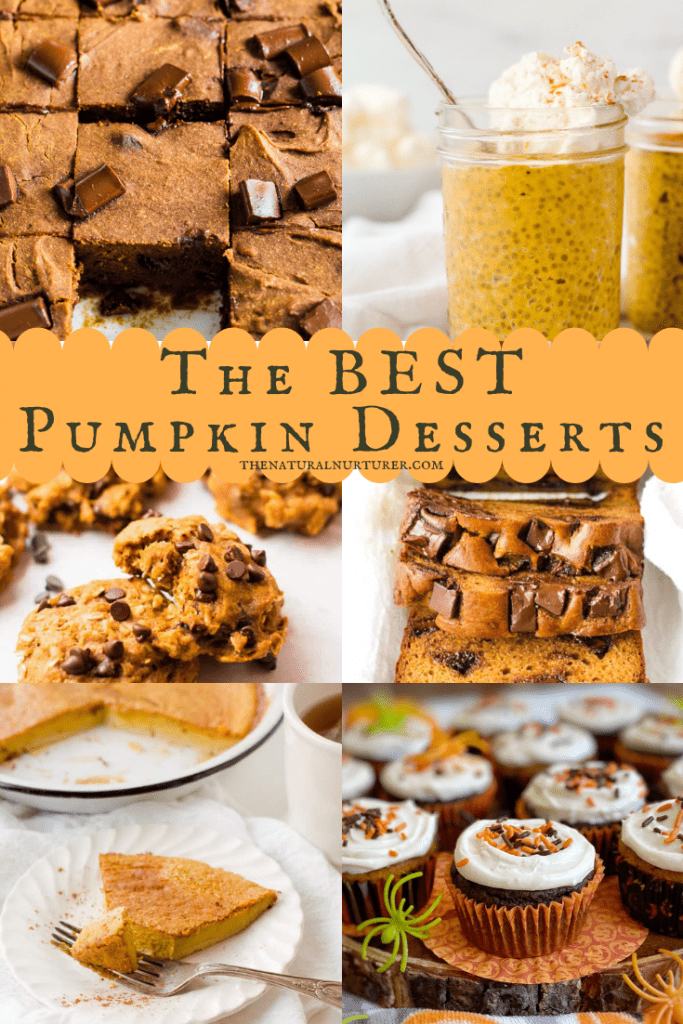 A picture collage of dessert recipes that have pumpkin in it