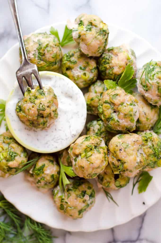 Plate of healthy turkey meatballs on a plate with ranch dip