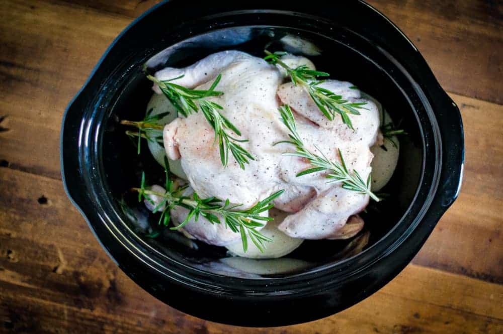 a whole chicken in the slow cooker with rosemary on it