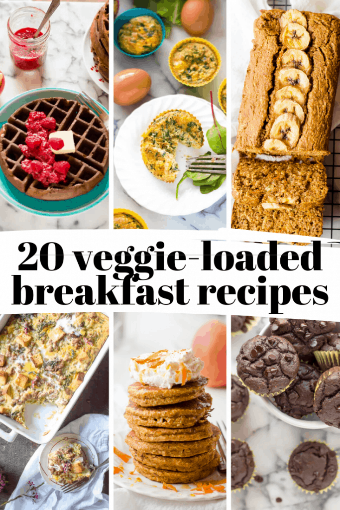 20 Kid-Friendly Veggie-Loaded Breakfast Recipes collage of six images with text overlay in the middle