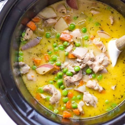 Overhead on the delicious Slow Cooker Creamy Vegetable Chicken Stew