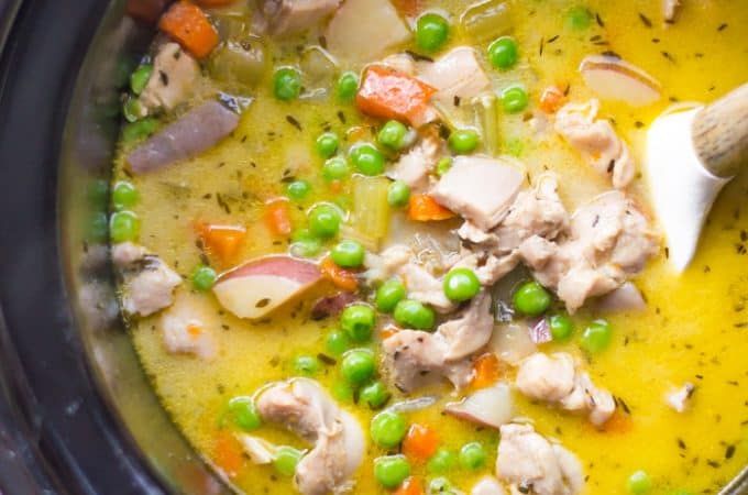 Overhead on the delicious Slow Cooker Creamy Vegetable Chicken Stew