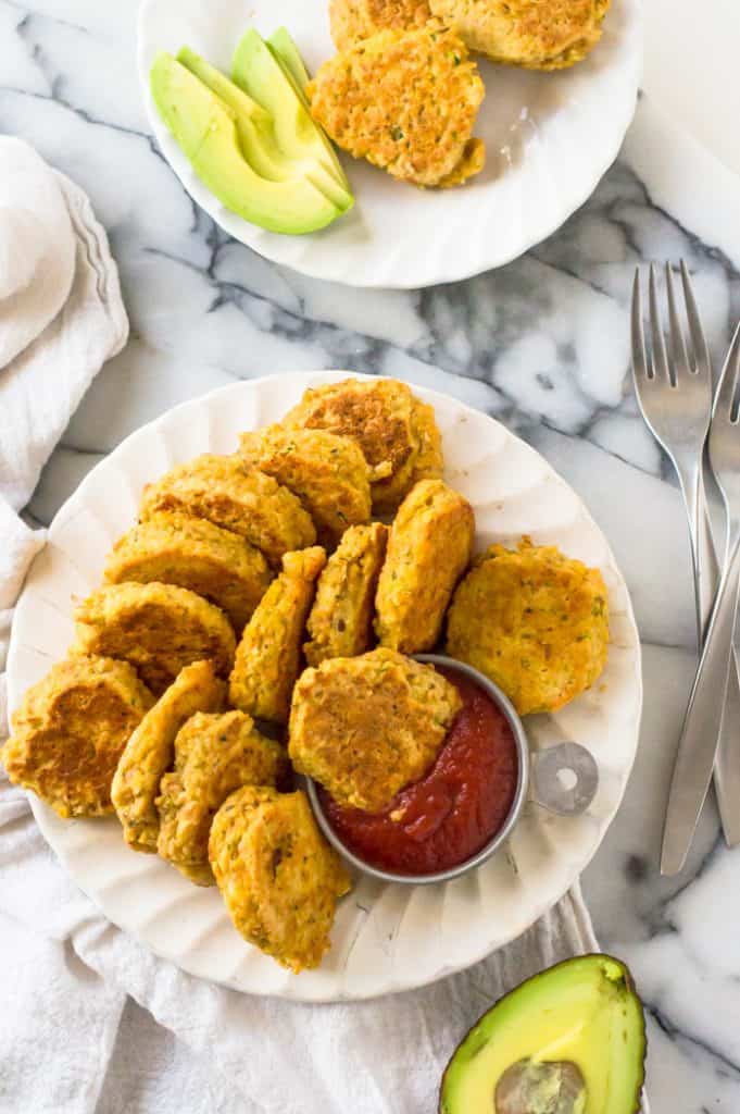 Chickpea Vegetable Nuggets on a plate with ketchup