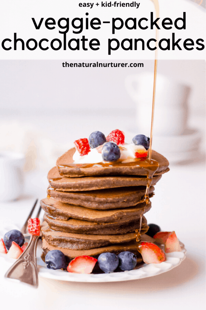 Veggie-packed chocolate pancakes tower collage with text overlay