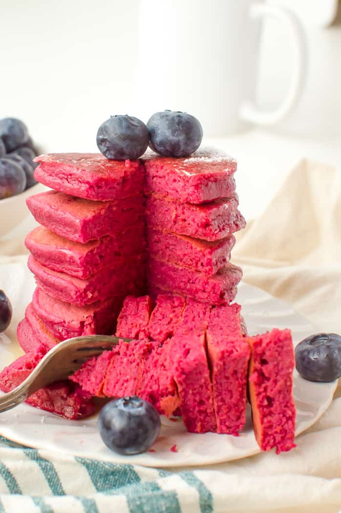 A stack of the Pink Beet Pancakes