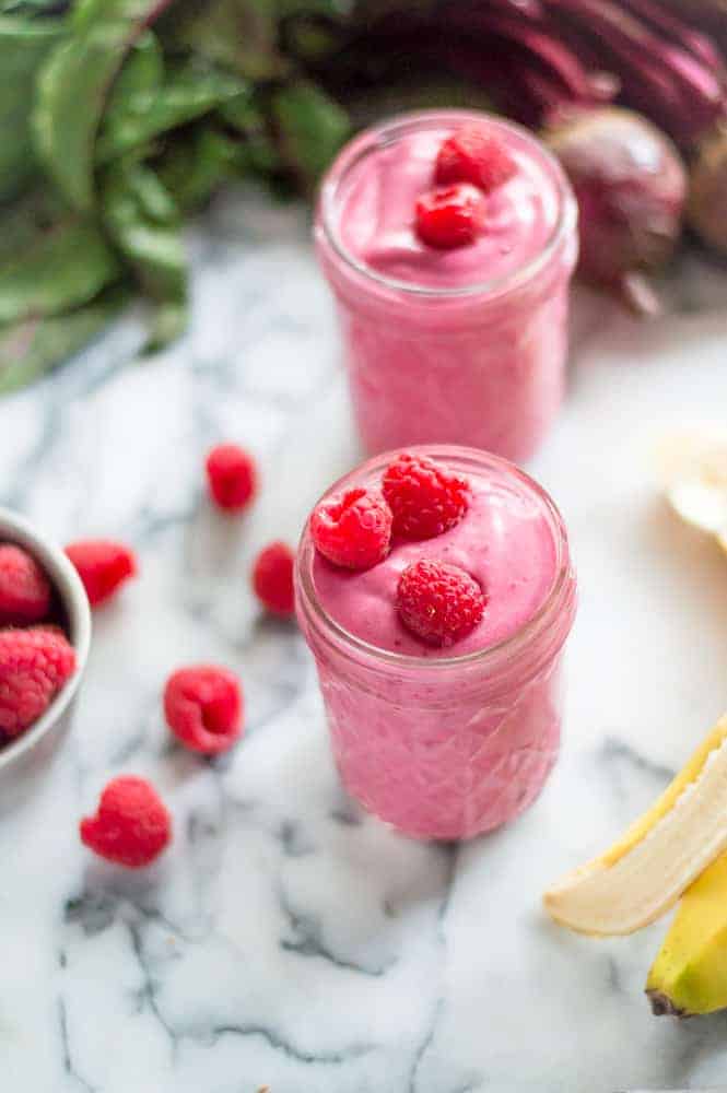 5-Minute Beet & Red Fruit Smoothie served in two jars