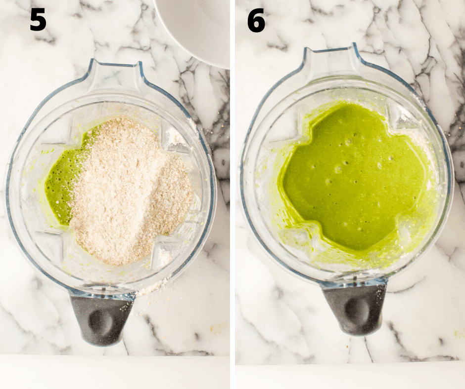 How banana spinach batter looks before and after the addition of dry ingredients. 