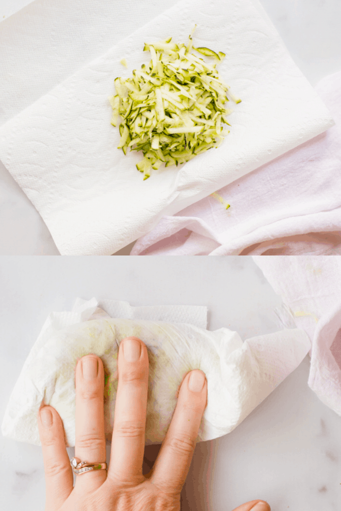 A two image picture. The first image shows grated zucchini in the middle of a paper towel. The second images shows the zucchini wrapped in the towel with a hand pressing down on it to draw out the moisture. 