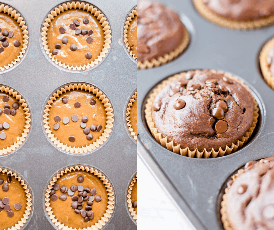 Two images of veggie-loaded healthy chocolate muffins before and after baking. 