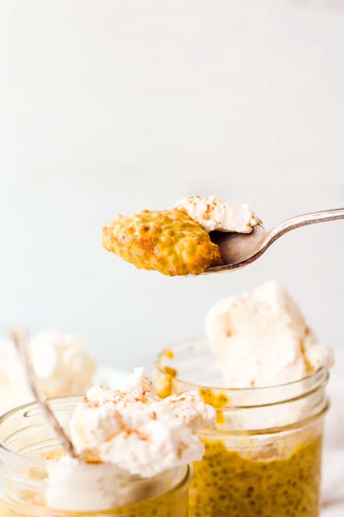 A spoonful of pumpkin chia seed pudding with a little whipped cream and cinnamon. 