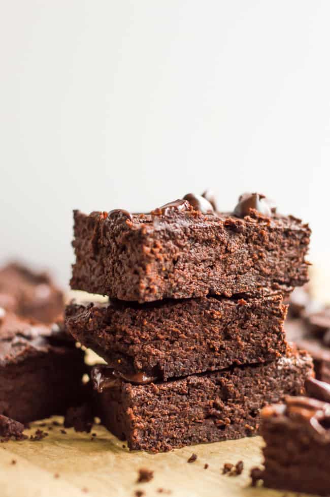 Sweet potato brownies after baking and stacked on top of one another. 