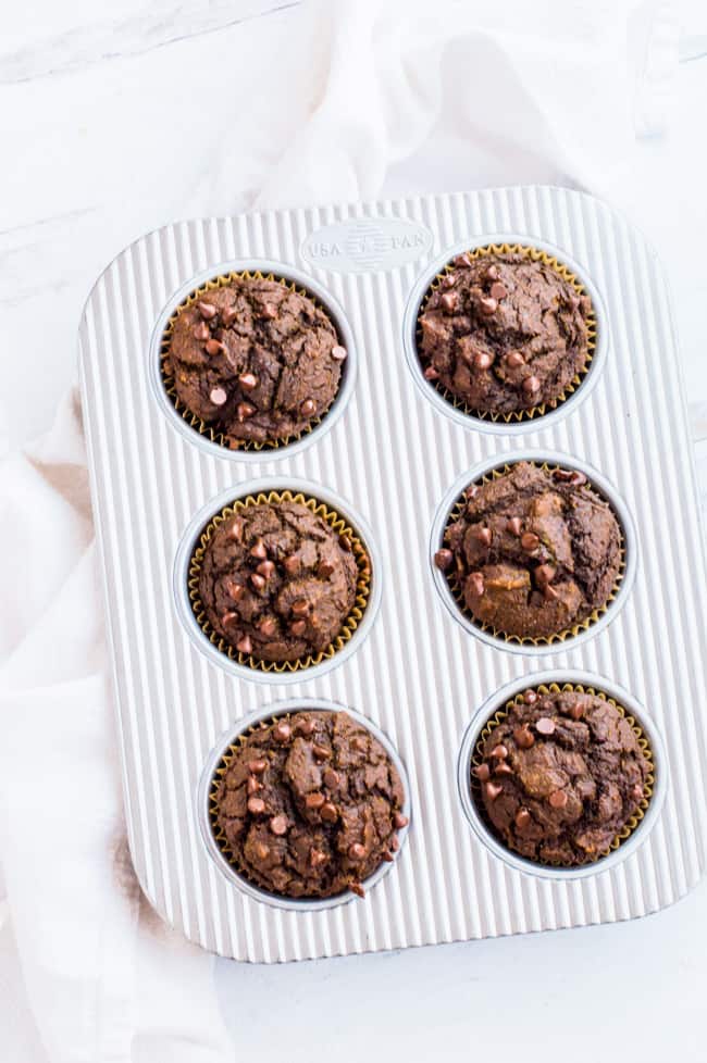 A tray of chocolate protein muffins fresh out of the oven. 
