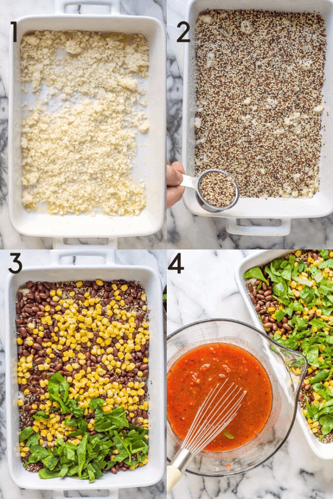 Process shots for how to make quinoa black bean casserole.