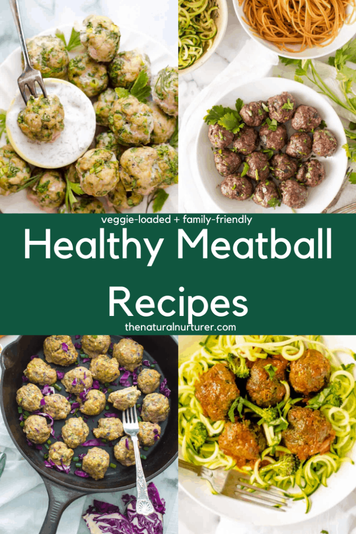 Four image graphic of different healthy meatball recipes included in the post round up