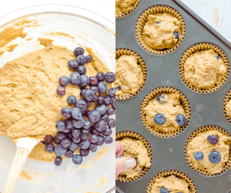Process shot of folding in blueberries to the avocado muffin batter and them portioning the batter out into muffin tins.