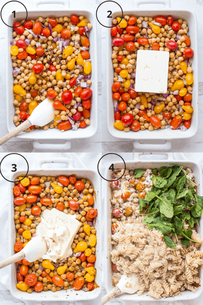 Process shots of how to make chickpea spinach baked feta pasta.