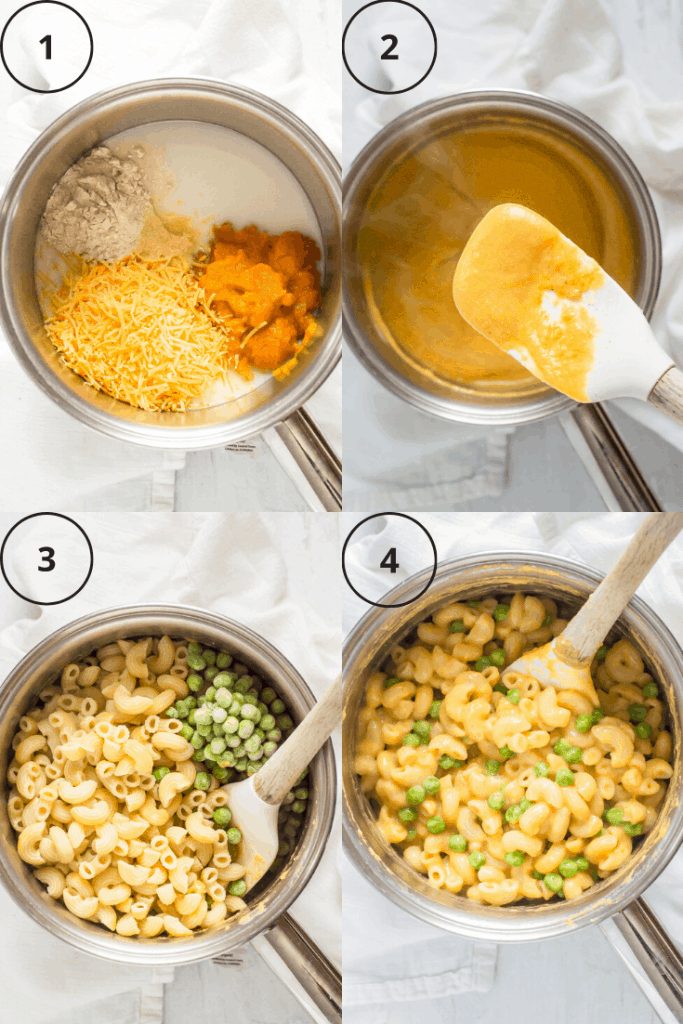 Process shot of how veggie-loaded mac and cheese is made. 