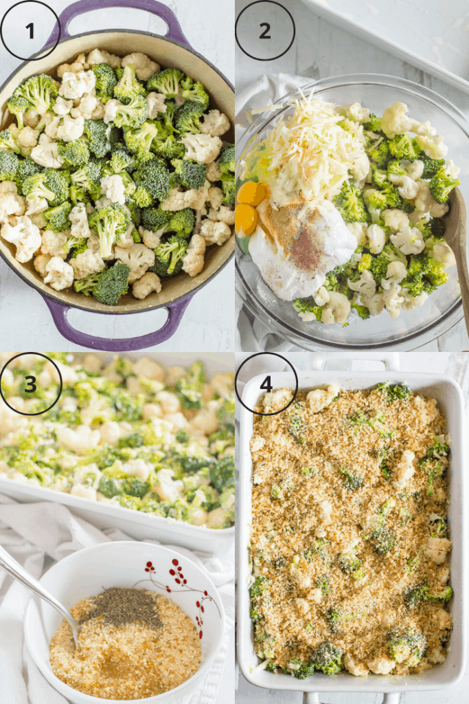 Process shots of how to make broccoli cauliflower casserole.