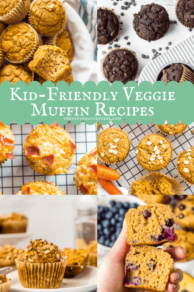 A photo collage of muffin recipes with vegetables within the recipe.