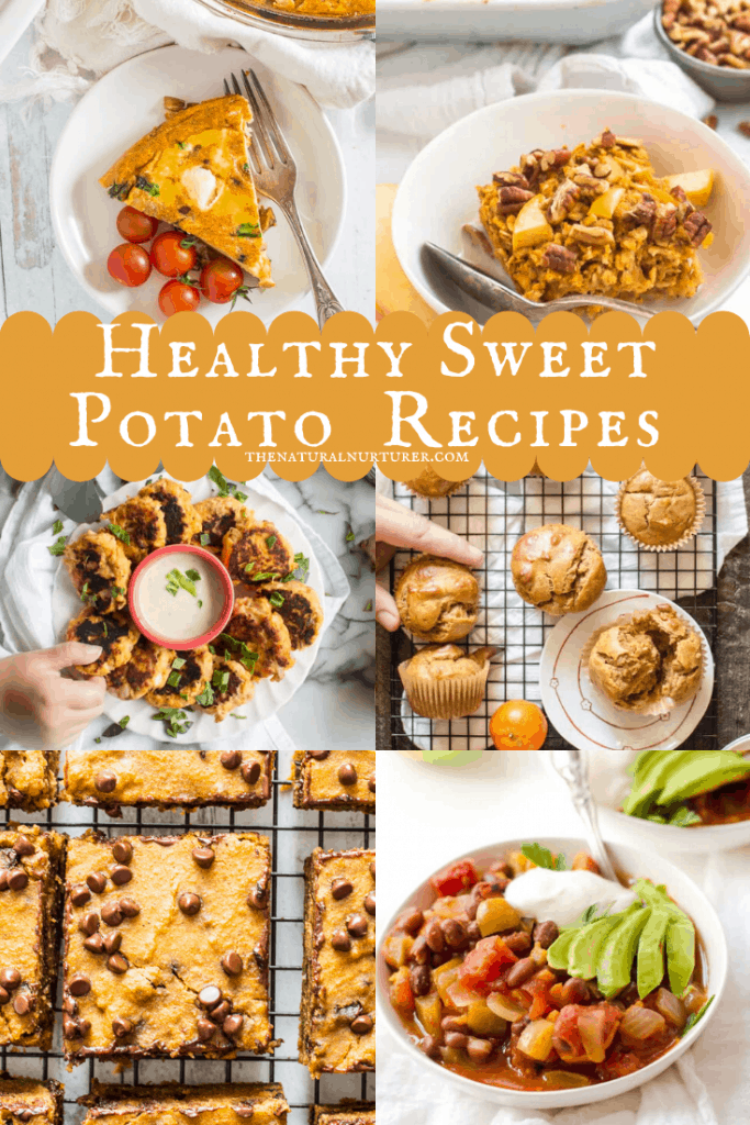 A photo collage of recipes that have sweet potatoes in them.