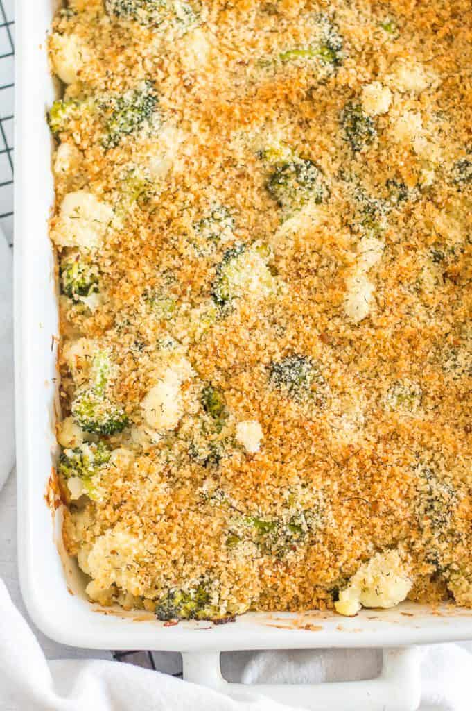 Baked broccoli and cauliflower casserole on a cooling rack.