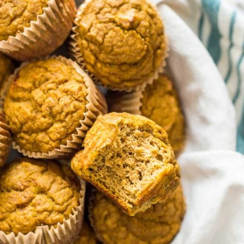 A stack of the delicious pumpkin protein muffins
