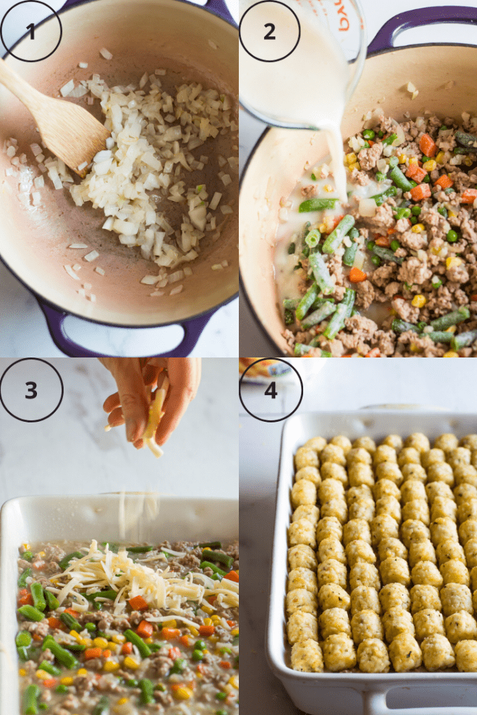 Process shots of how to make veggie-loaded tater tot casserole.
