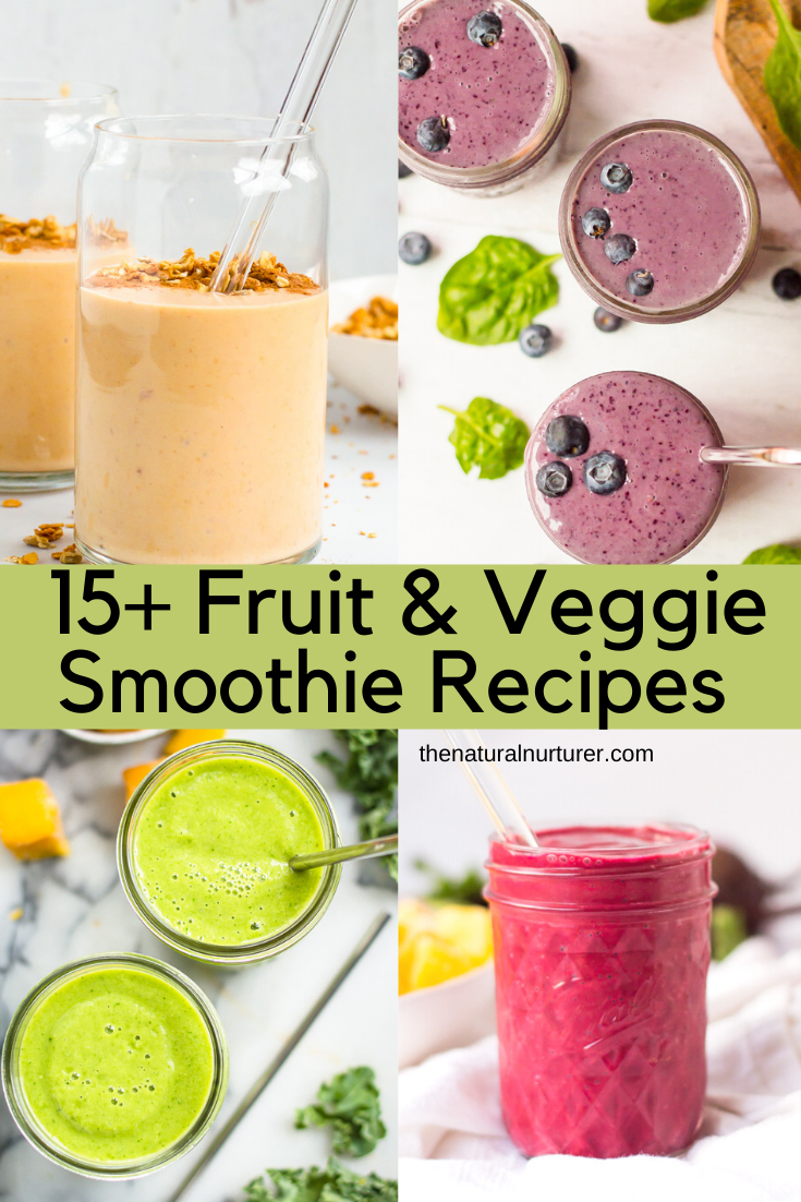 A series of pictures with smoothies made from fruit and vegetables. 