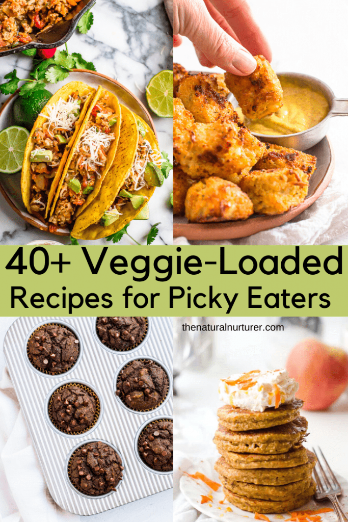 A graphic showing 4 recipes with veggies that are ideal for picky eaters.